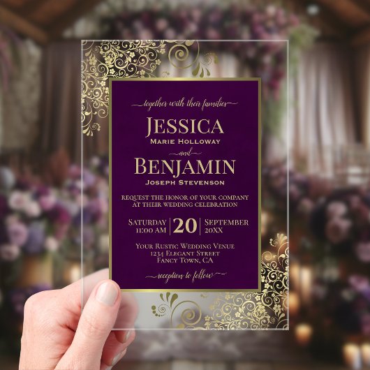 Elegant Plum Purple & Gold Stylish Text Wedding Acryl Uitnodigingen