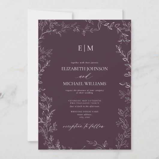 Elegant Plum Purple Leaf Monogram Details Wedding Kaart (Voorkant)
