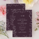 Elegant Plum Purple Leaf Monogram Details Wedding Kaart