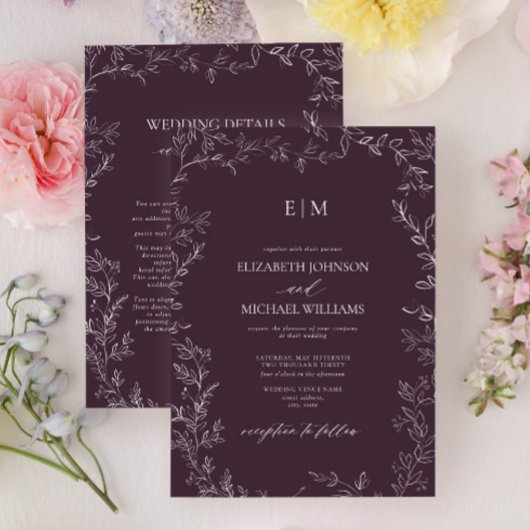 Elegant Plum Purple Leaf Monogram Details Wedding Kaart