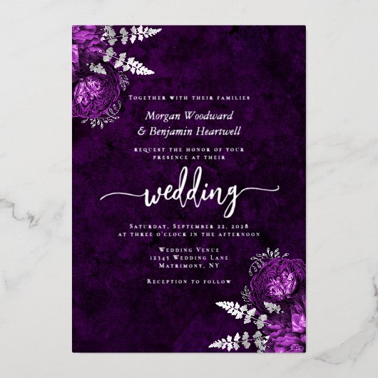 Elegant Plum Purple Silver Floral Wedding Folie Uitnodiging (Voorkant)