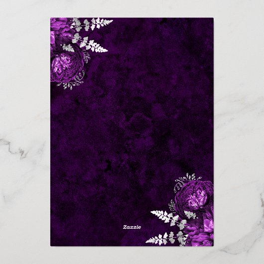 Elegant Plum Purple Silver Floral Wedding Folie Uitnodiging (Achterkant)