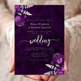 Elegant Plum Purple Silver Floral Wedding Folie Uitnodiging
