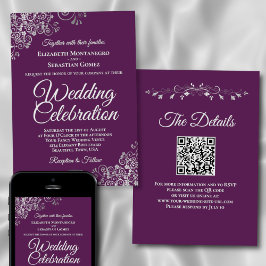 Elegant Plum Purple & Silver QR Code Wedding Kaart