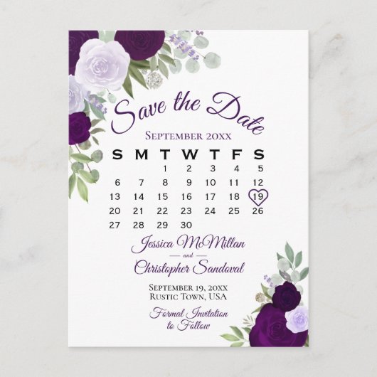 Elegant Plum Rozen Wedding Save the Date Calendar Aankondigingskaart (Voorkant)