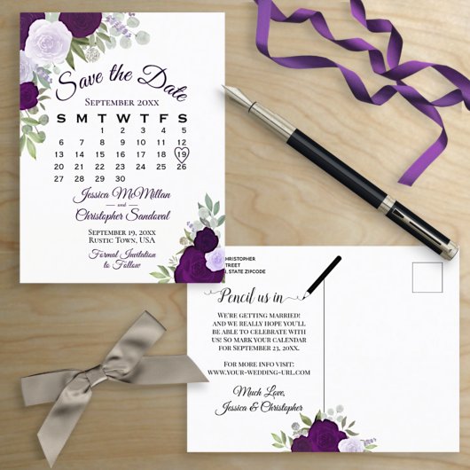 Elegant Plum Rozen Wedding Save the Date Calendar Aankondigingskaart
