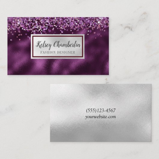 Elegant Plum & Silver Sparkle Confetti Visitekaartje (Voorkant / Achterkant)