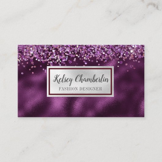 Elegant Plum & Silver Sparkle Confetti Visitekaartje (Voorkant)