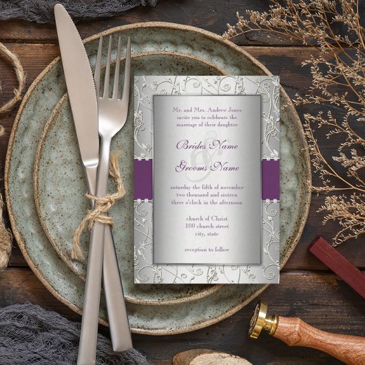 Elegant Plum Silver Swirl Wedding Invitations Kaart