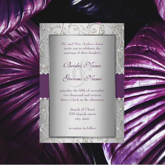 Elegant Plum Silver Swirl Wedding Invitations Kaart