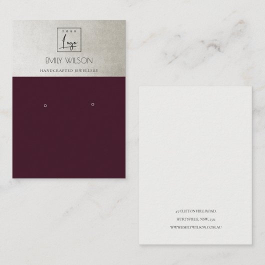 ELEGANT PLUM WINE SILVER LOGO EARRING DISPLAY VISITEKAARTJE (Voorkant / Achterkant)