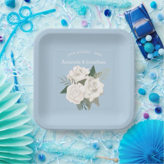 Elegant Poeder Blauw en Wit Rozen Bruiloft Papieren Bordje (Feest)