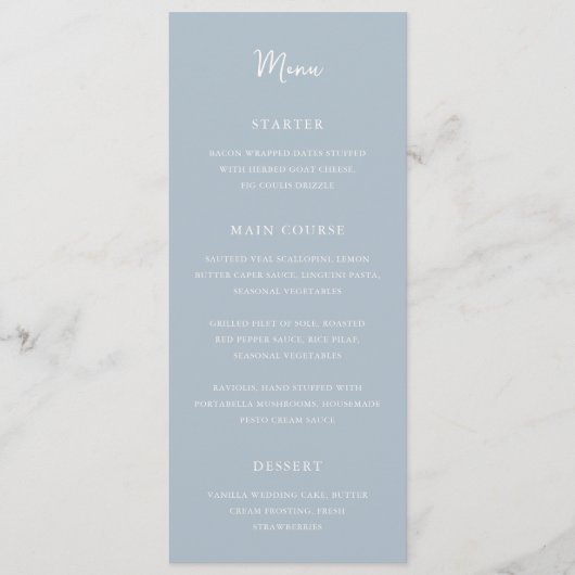 Elegant poeder blauw moderne bruiloft menu (Voorkant)