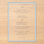 Elegant poeder blauw monogram moderne bruiloft acryl uitnodigingen (Voorkant)