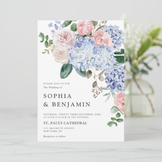 Elegant Poeder Blauw Roze Hydrangea Formele Bruilo Kaart (Staand voorkant)