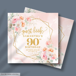 Elegant Poeder Roze Gouden Bloemen 90ste Gastboek Gastenboek