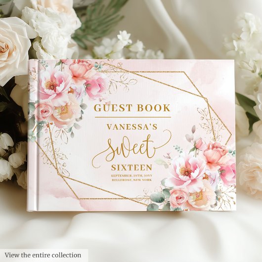 Elegant Poeder Roze Sage Goud Bloemen Zoet Zestien Gastenboek