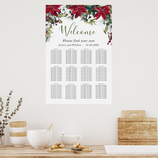 Elegant Poinsettia 12 Tables Wedding SEATING CHART Poster (Keuken)