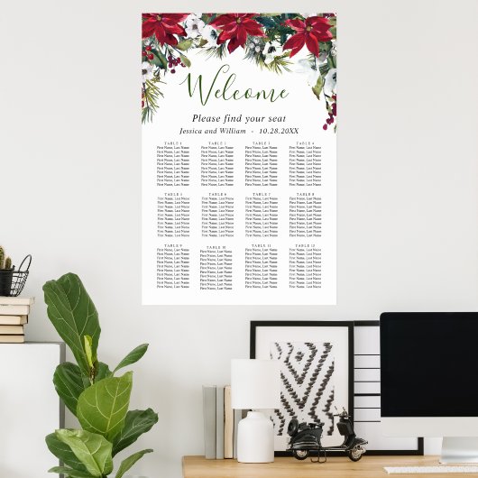 Elegant Poinsettia 12 Tables Wedding SEATING CHART Poster (Thuiskantoor)