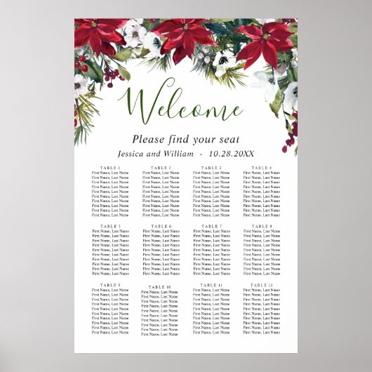 Elegant Poinsettia 12 Tables Wedding SEATING CHART Poster (Voorkant)