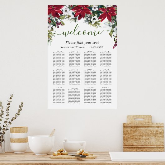 Elegant Poinsettia 12 Tables Wedding SEATING CHART Poster (Keuken)