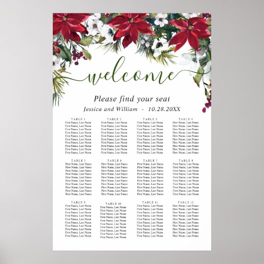 Elegant Poinsettia 12 Tables Wedding SEATING CHART Poster (Voorkant)