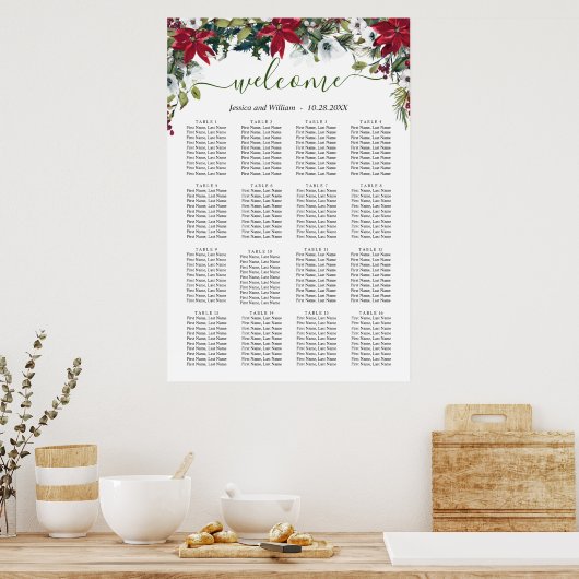Elegant Poinsettia 16 Tables Wedding SEATING CHART Poster (Keuken)