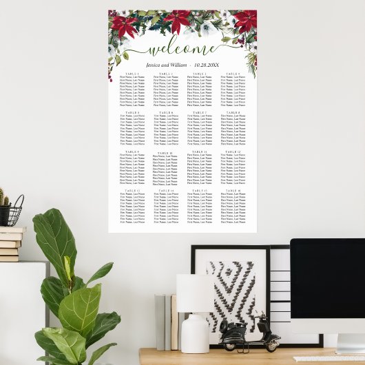 Elegant Poinsettia 16 Tables Wedding SEATING CHART Poster (Thuiskantoor)