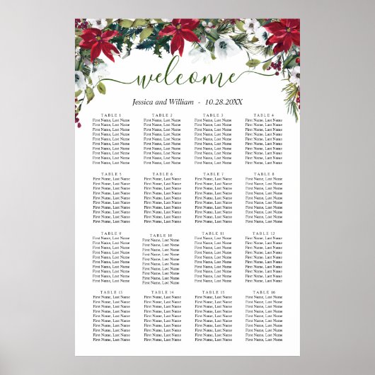 Elegant Poinsettia 16 Tables Wedding SEATING CHART Poster (Voorkant)