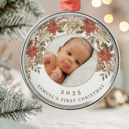 Elegant Poinsettia Baby's First Christmas Photo Metalen Ornament