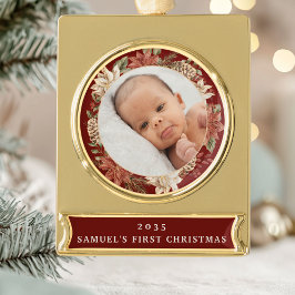 Elegant Poinsettia Baby's First Christmas Photo Verguld Banner Ornament