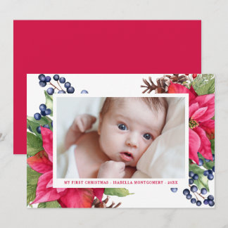 Elegant Poinsettia Berry Mijn eerste kerstfoto Feestdagenkaart