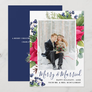 Elegant Poinsettia Blue Merry & Married Photo Feestdagenkaart