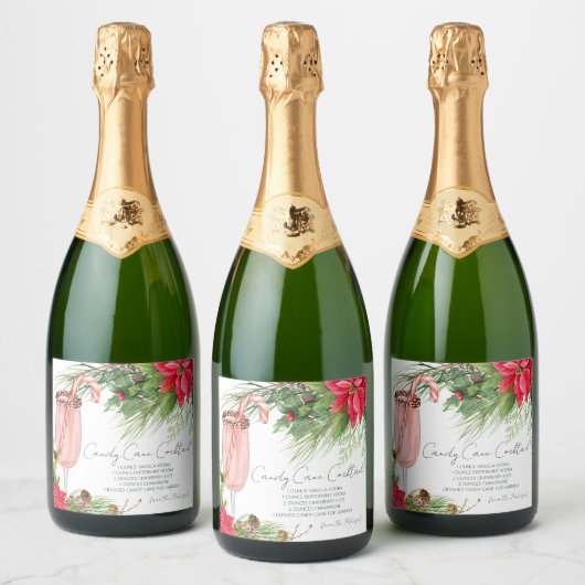 Elegant Poinsettia Candy Cane Recept Champage Sparkling Wijnetiket (Flessen)