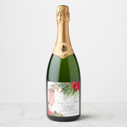 Elegant Poinsettia Candy Cane Recept Champage Sparkling Wijnetiket (Voorkant)