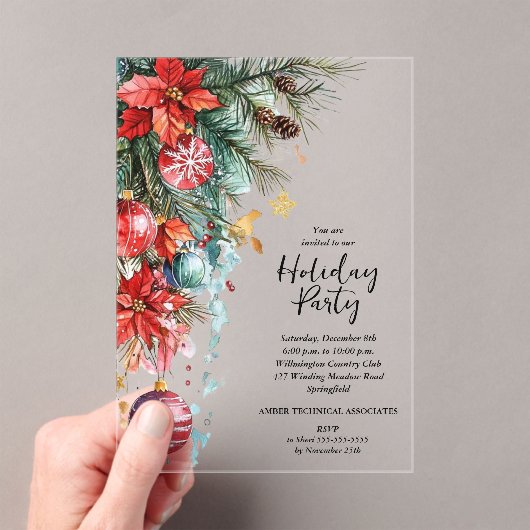 Elegant Poinsettia Christmas Party Acryl Uitnodigingen (Insitu (Draagbaar))