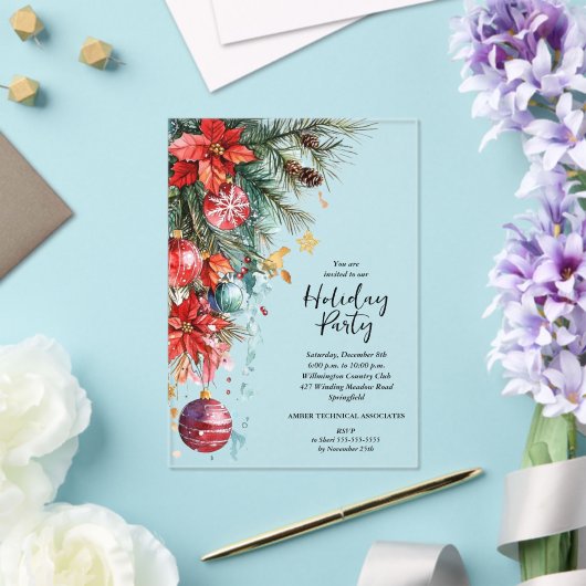 Elegant Poinsettia Christmas Party Acryl Uitnodigingen (Insitu (Huwelijk))