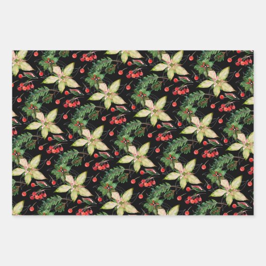 Elegant Poinsettia en Berries op zwart Inpakpapier Vel (Voorkant 2)