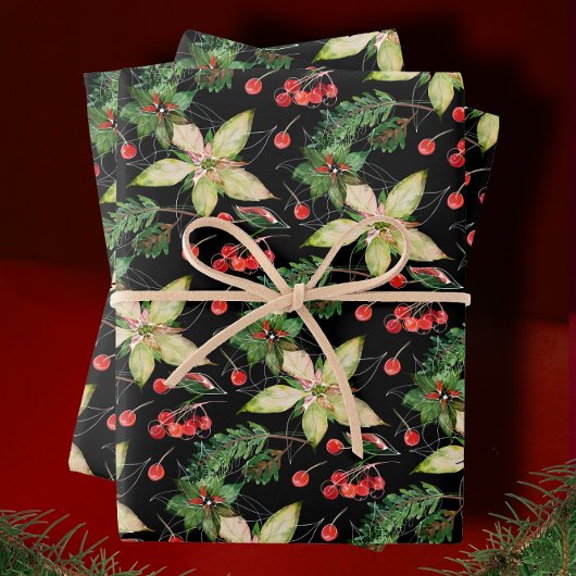 Elegant Poinsettia en Berries op zwart Inpakpapier Vel