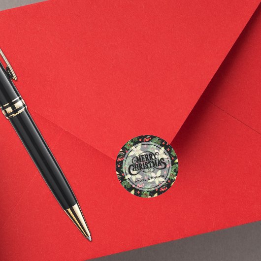 Elegant Poinsettia en Berries op zwart Ronde Sticker