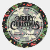 Elegant Poinsettia en Berries op zwart Ronde Sticker (Voorkant)