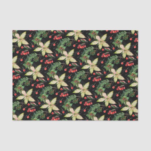 Elegant Poinsettia en Berries op zwart Tissuepapier (Voorkant)