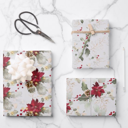Elegant Poinsettia & Eucalyptus Glitter Kerstmis Inpakpapier Vel (Voorkant)