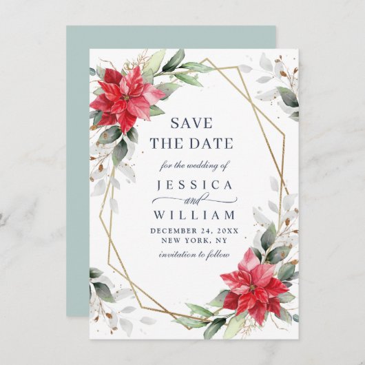 Elegant Poinsettia Eucalyptus Pine Fur Wedding Save The Date (Voorkant / Achterkant)