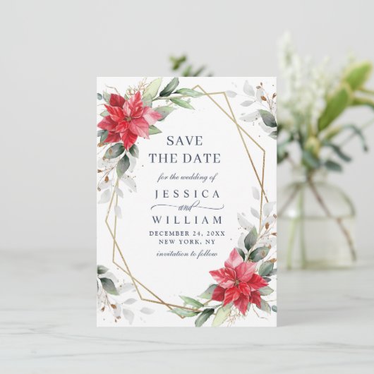 Elegant Poinsettia Eucalyptus Pine Fur Wedding Save The Date (Staand voorkant)