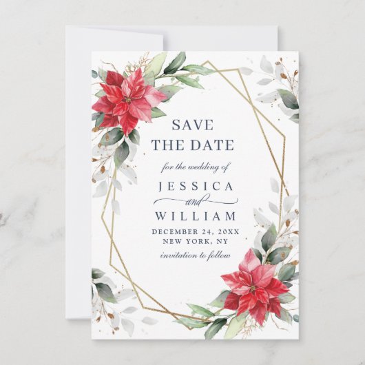 Elegant Poinsettia Eucalyptus Pine Fur Wedding Save The Date (Voorkant)