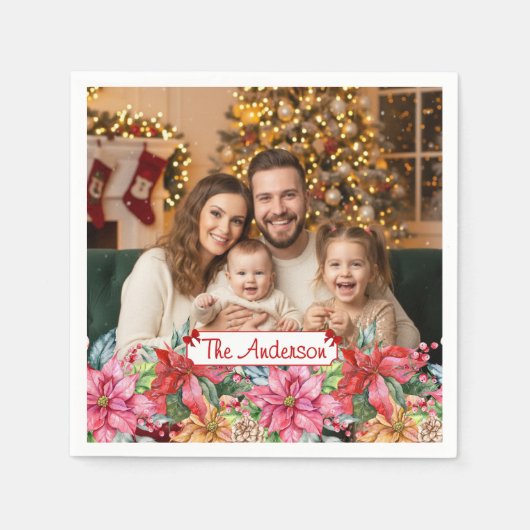 Elegant Poinsettia Floral Border Custom Paper Servet (Voorkant)