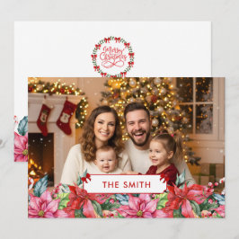 Elegant Poinsettia Floral Border Custom Photo  Feestdagenkaart