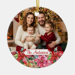 Elegant Poinsettia Floral Border Custom Photo  Keramisch Ornament