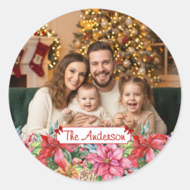Elegant Poinsettia Floral Border Custom Photo Ronde Sticker